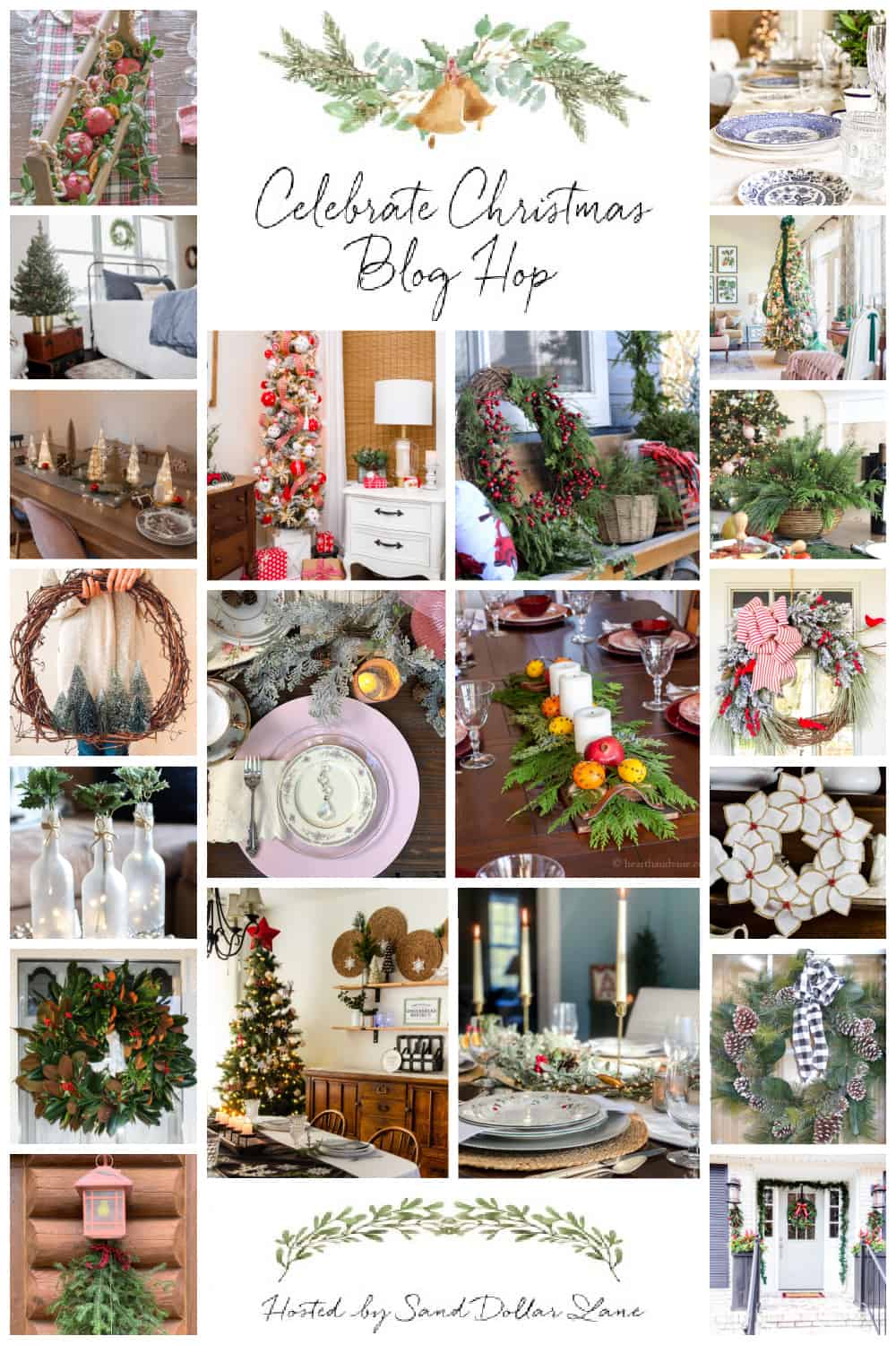 collage showing Christmas tree, tablescape, centerpiece, wreath and door decorating ideas