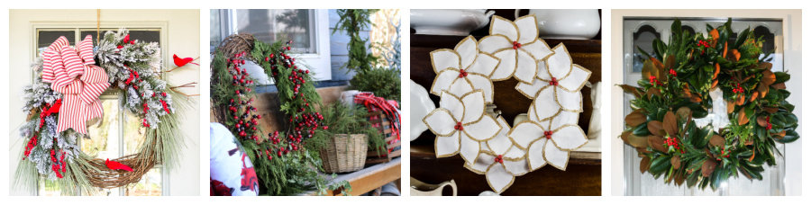 collage of four different Christmas wreaths and other holiday door decor