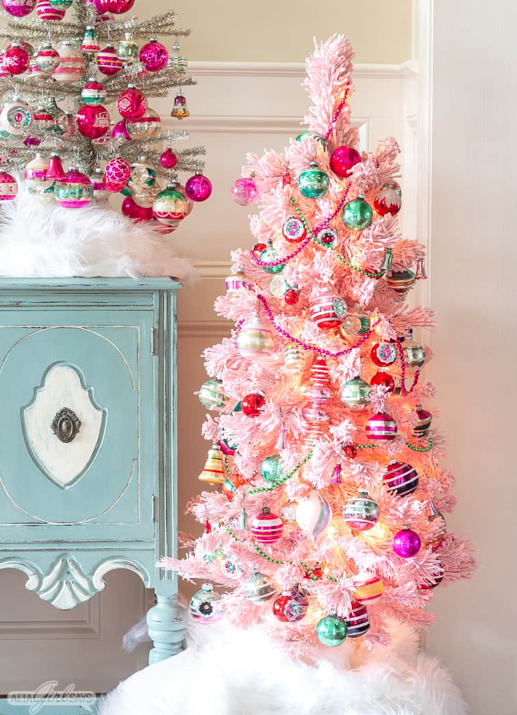 pink flocked tree decorated with vintage and reproduction pink and green Shiny Brite ornaments