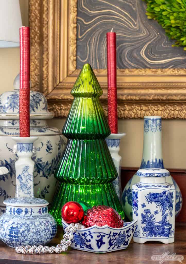 green mercury glass Christmas trees and blue and white pottery in a Christmas display