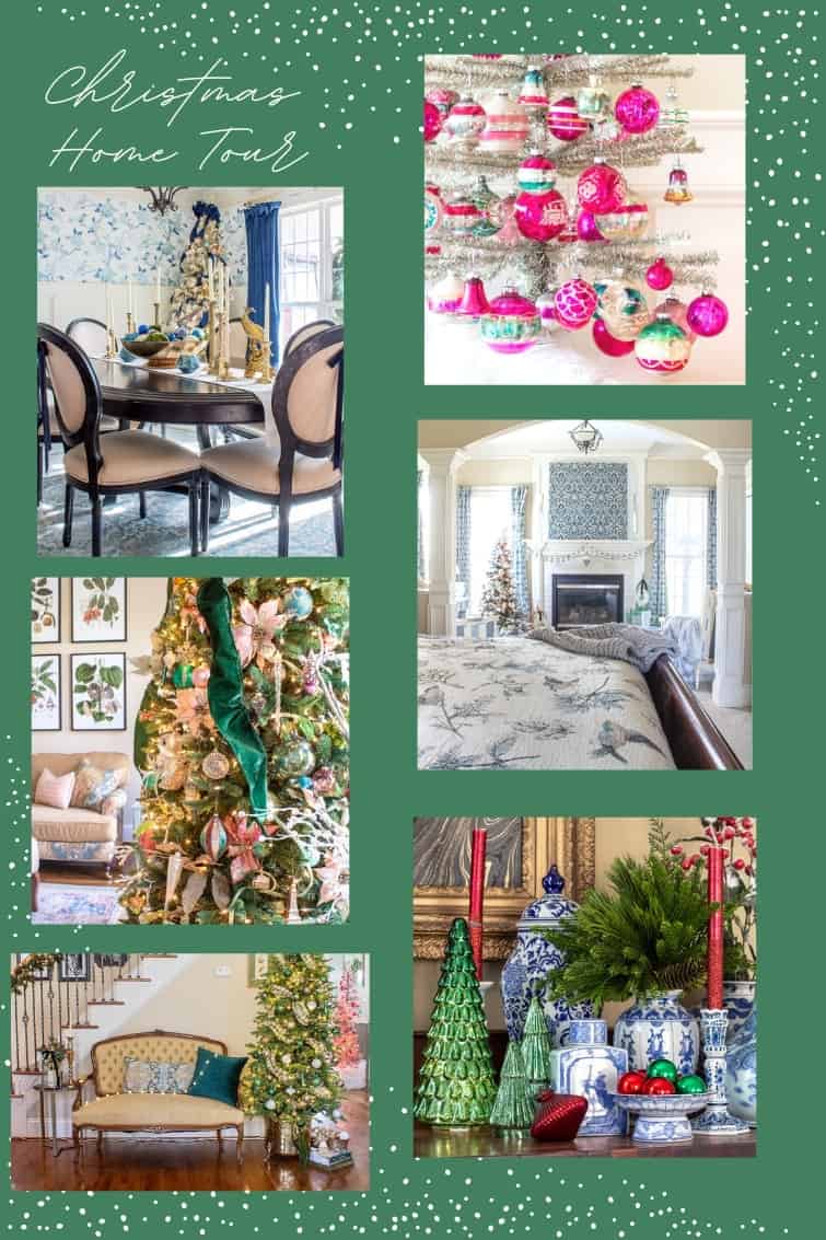 collage photo showing a traditional style southern home decorated for Christmas with vintage items