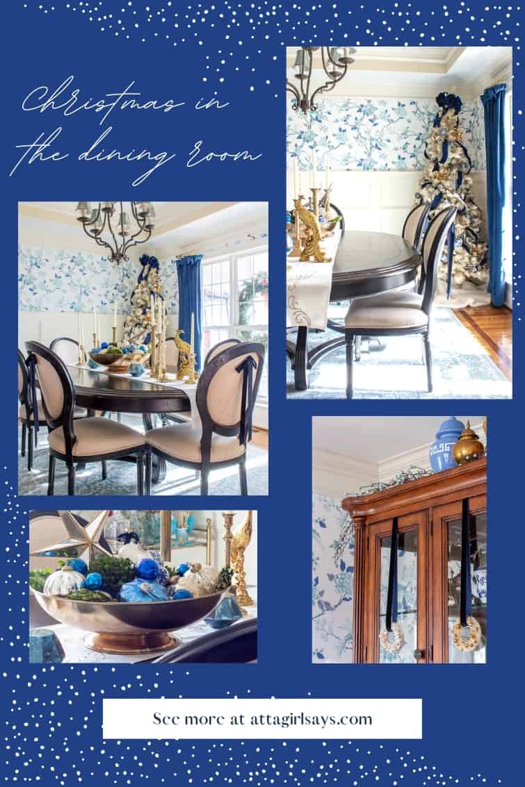 collage showing a formal dining room decorated for Christmas