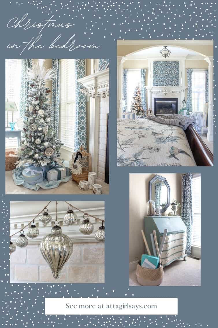 collage photo of a master bedroom decorated with blue and white for Christmas