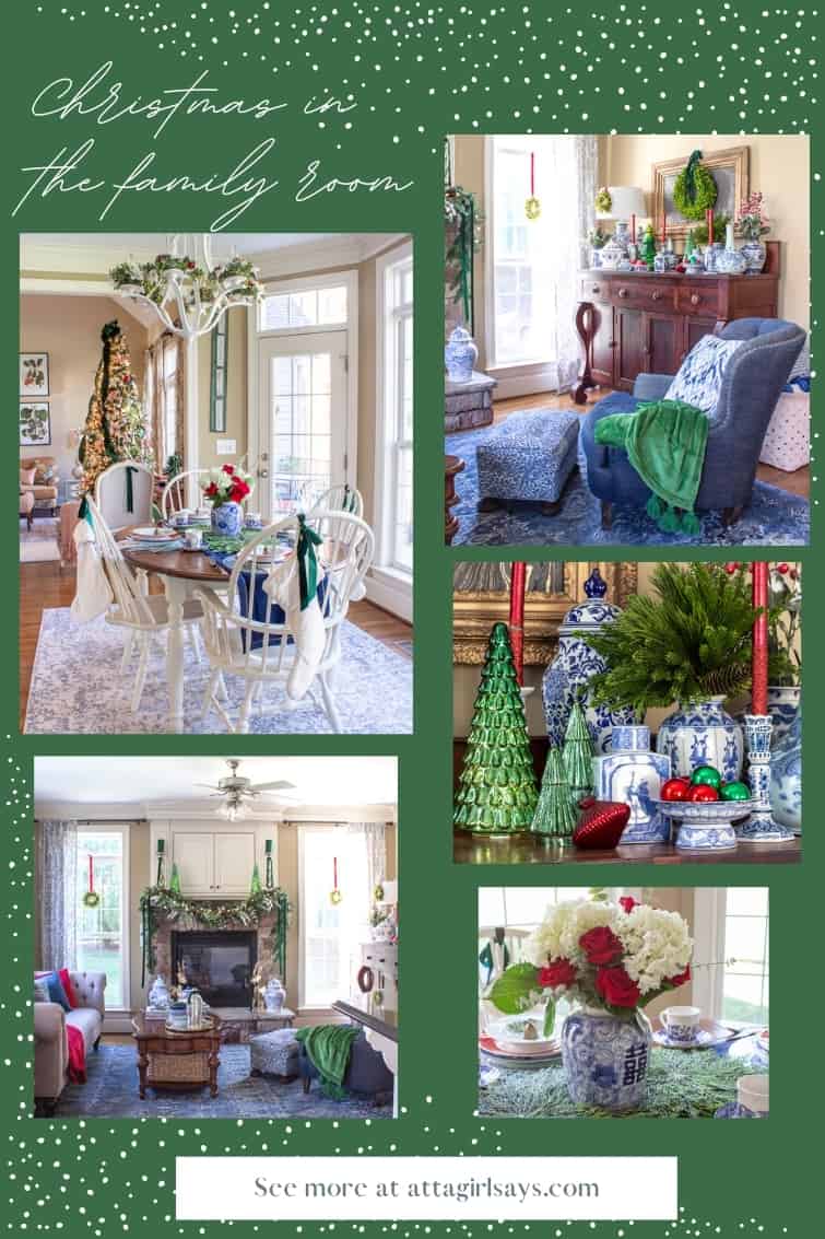 collage photo of a keeping room decorted for Christmas