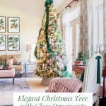 9 foot elegant Christmas tree decorated with glass ornaments and green velvet ribbon