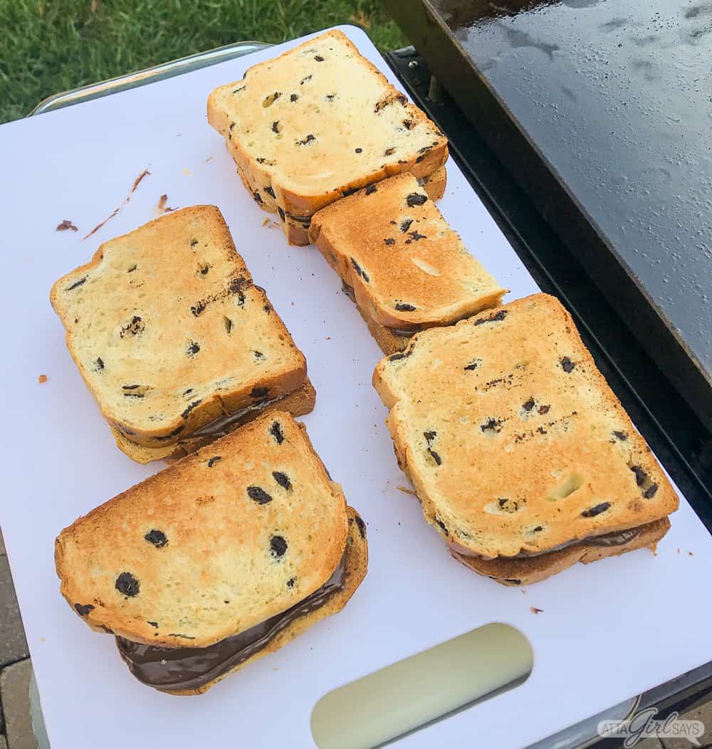 toasted chocolate chip bread on a cutting board