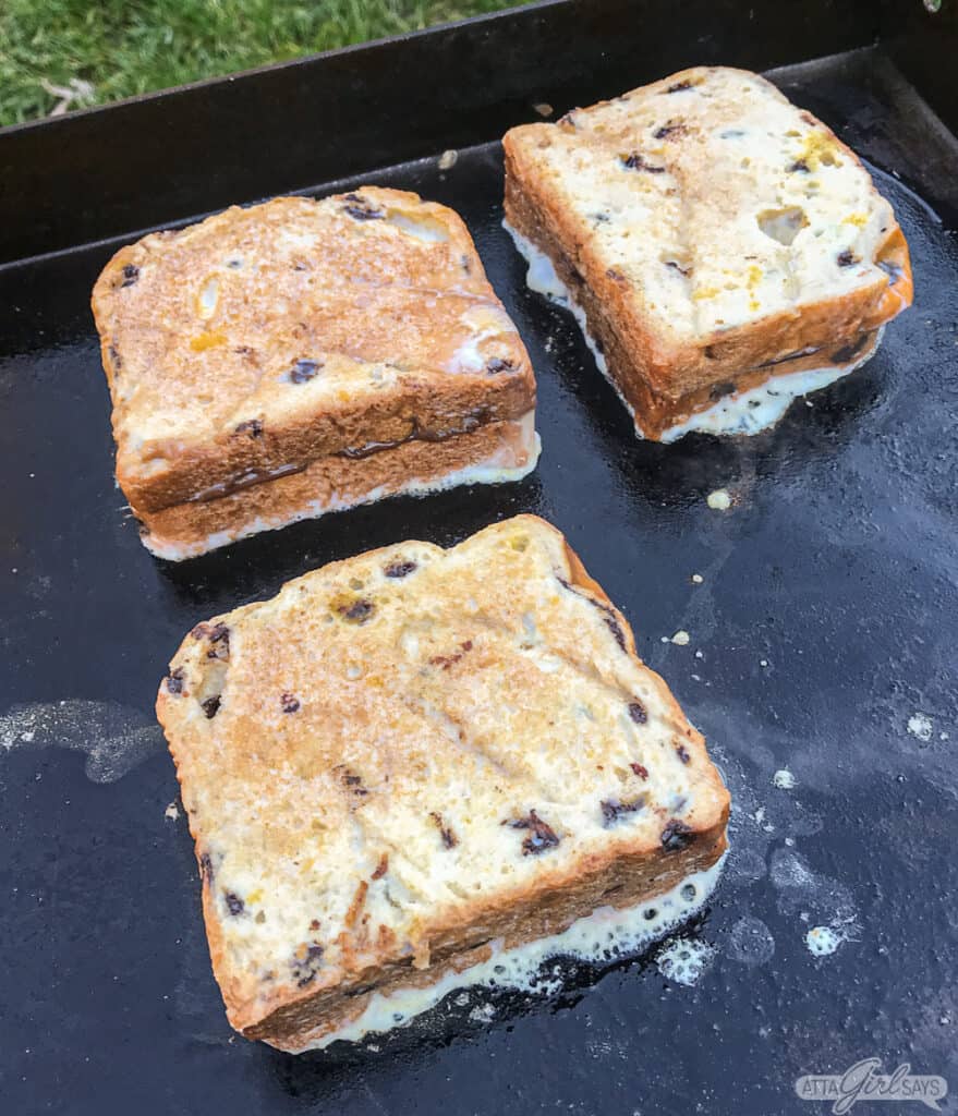 chocolate chip nutella French toast on a Blackstone griddle