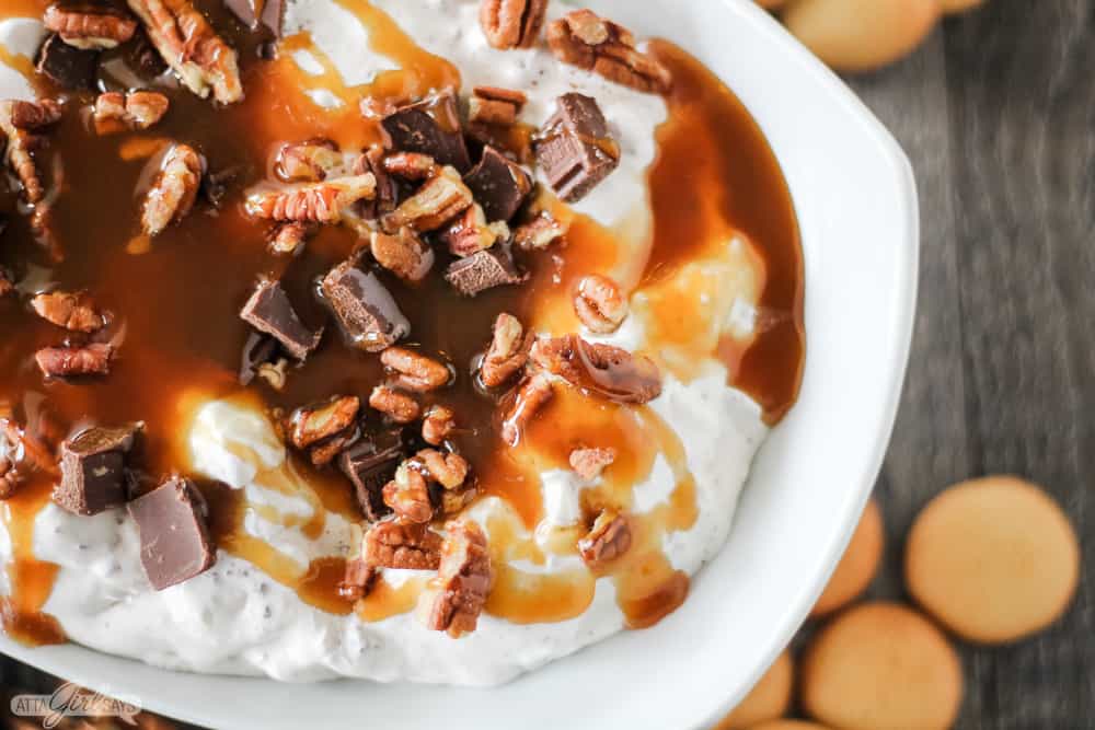 caramel chocolate candy dip with vanilla wafers