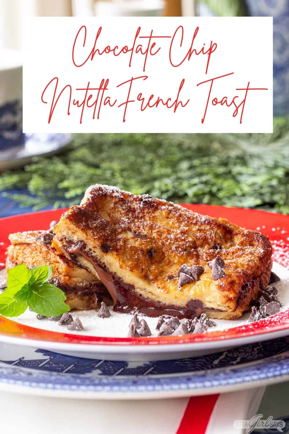 slice of Nutella-stuffed French toast on a red rimmed plate