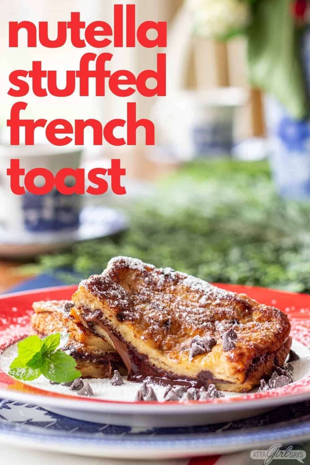 chocolate french toast stuffed with hazelnut spread on a red rimmed plate