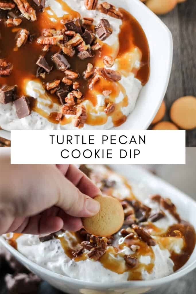 collage photo of turtle pecan cookie dip topped with caramel, pecans and chocolate candy bar pieces