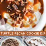 collage photo showing finished turtle pecan cookie dip and how to make it