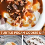 collage photo showing finished turtle pecan cookie dip and how to make it