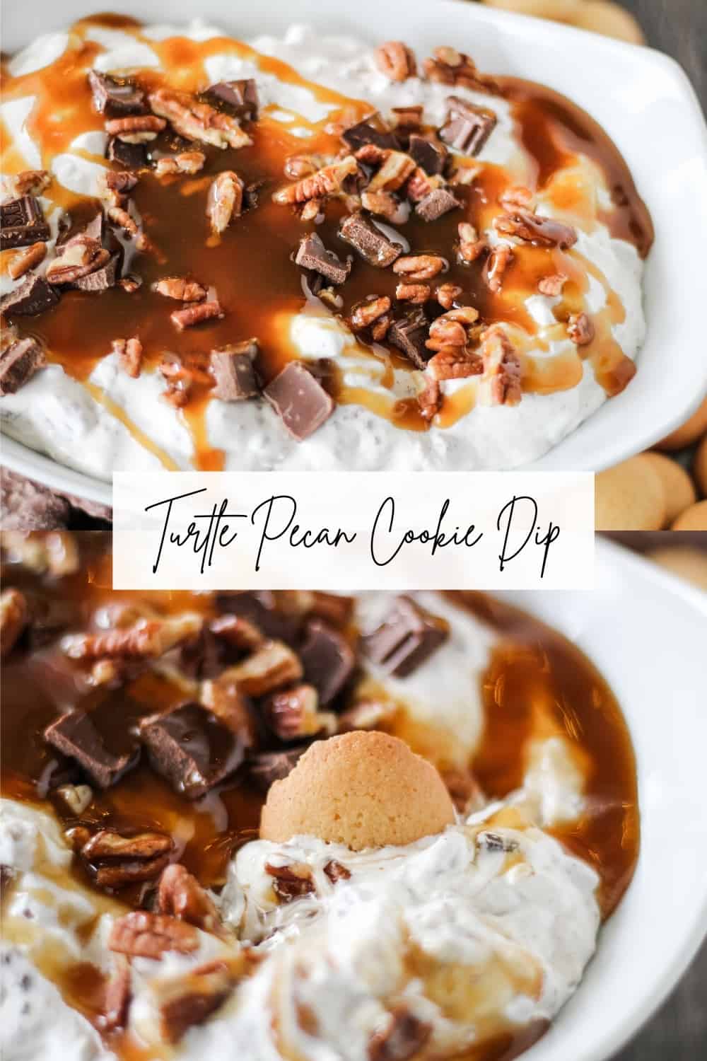 collage photo of turtle pecan cookie dip topped with caramel, pecans and chocolate candy bar pieces