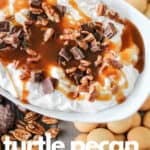 bowl of chocolate caramel pecan candy dip