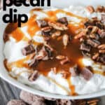bowl of chocolate caramel pecan candy dip