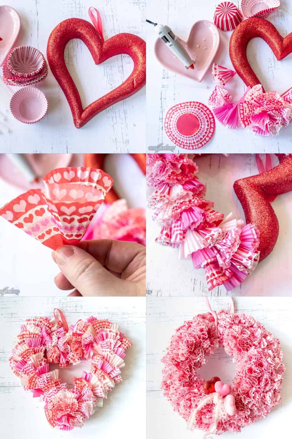collage photo showing the steps to make a cupcake liner wreath for Valentine's Day