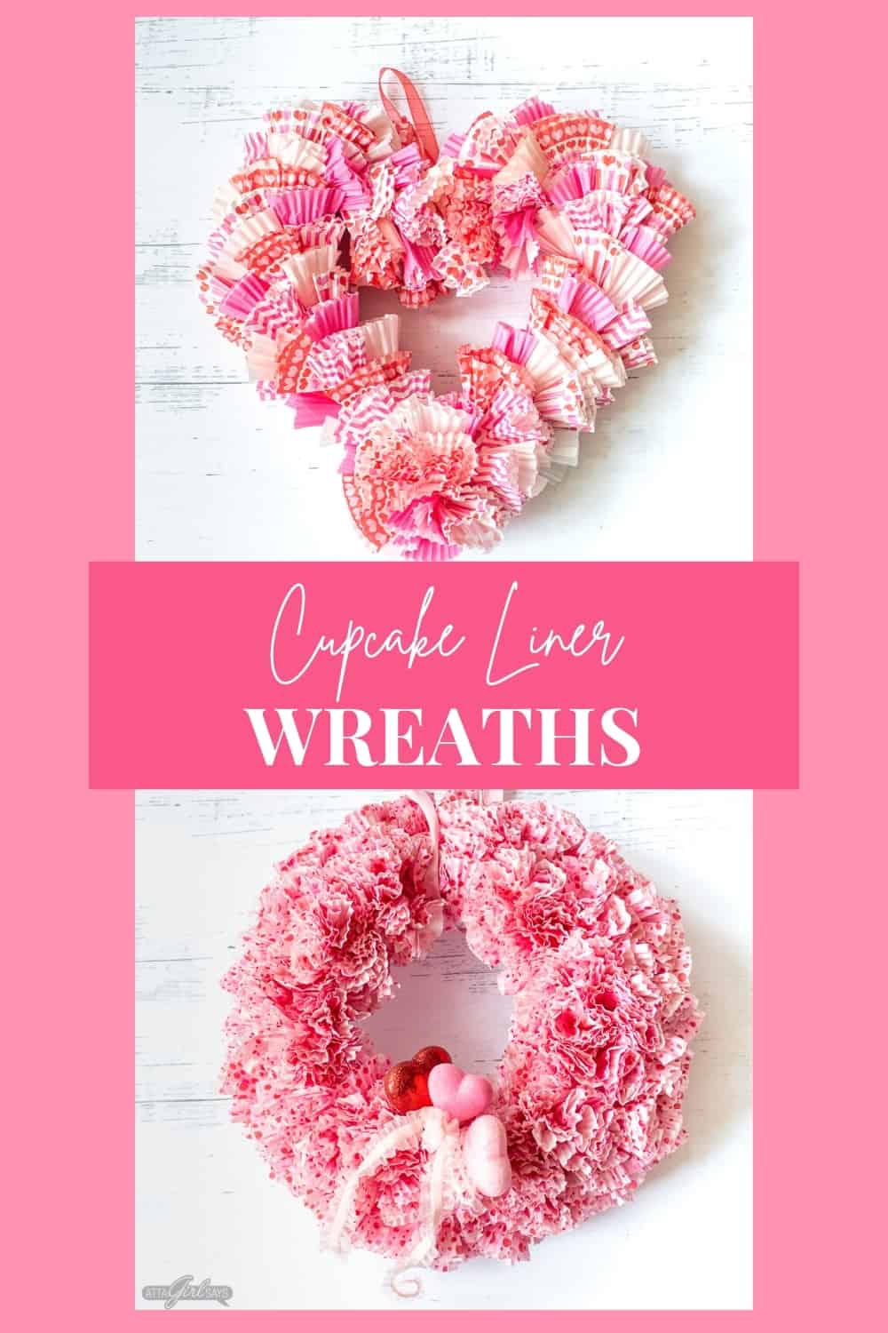 collage photo showing a round and heart shaped wreath made from cupcake liners