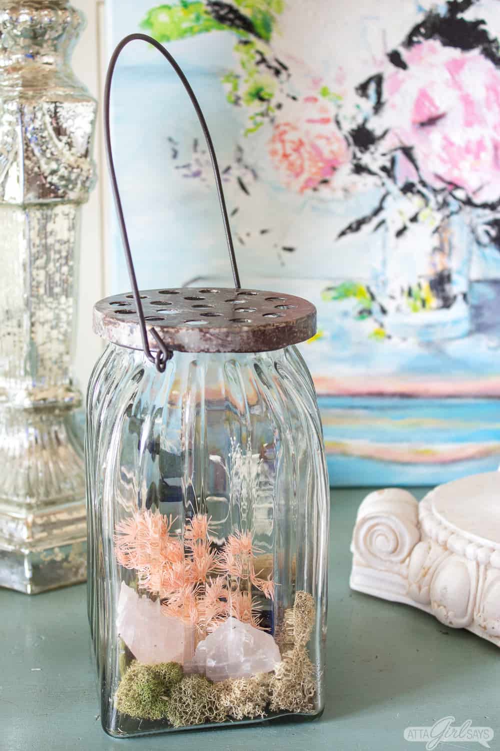 glass jar filled with homemade potpourri made from scented dried botanicals
