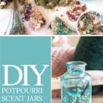 collage photo showing dried botanicals and diy potpourri scent jars