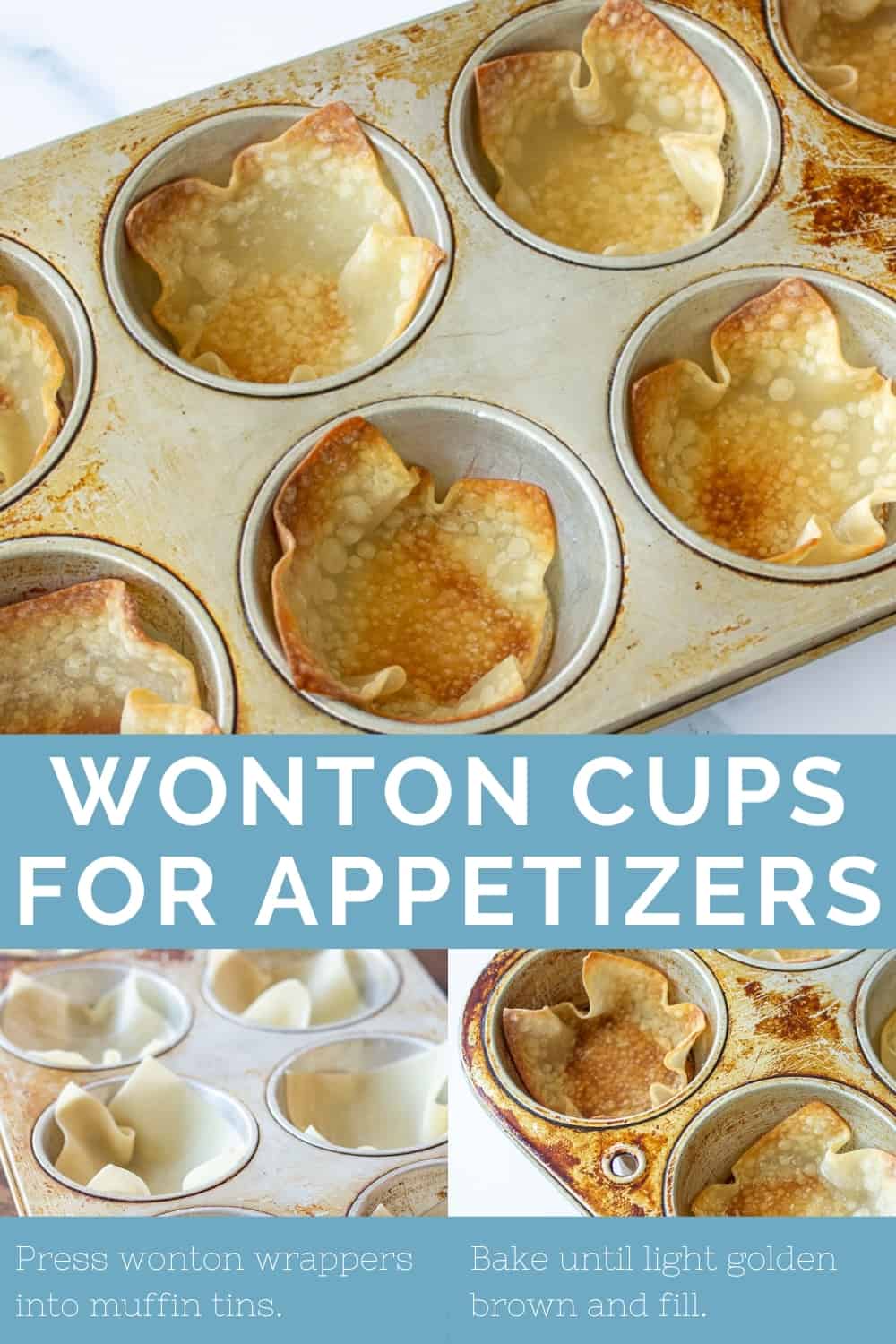 three photos of unbaked and baked wonton wrappers in a muffin pan