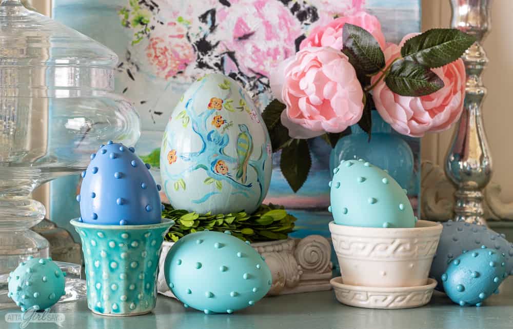 hobnail Easter eggs with vintage McCoy pottery and pink peonies in a blue opaline vase