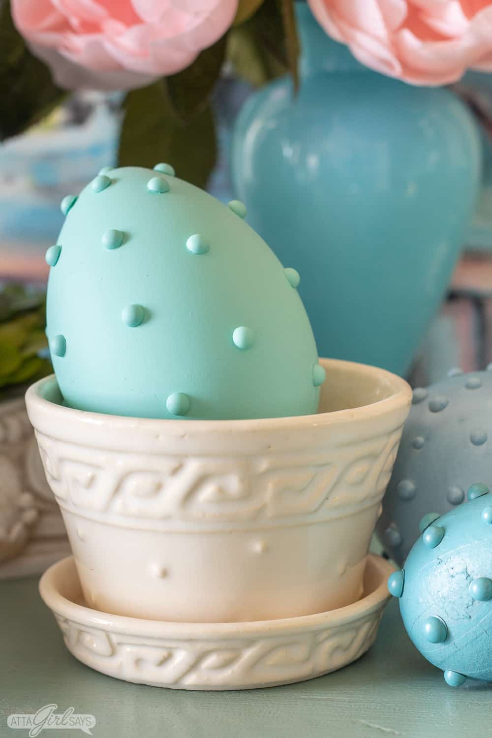 pastel aqua hobnail Easter egg in a white McCoy hobnail flower pot