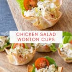 baked wontons filled with chicken salad on a wooden board