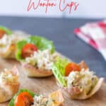 baked wontons filled with chicken salad on a wooden board
