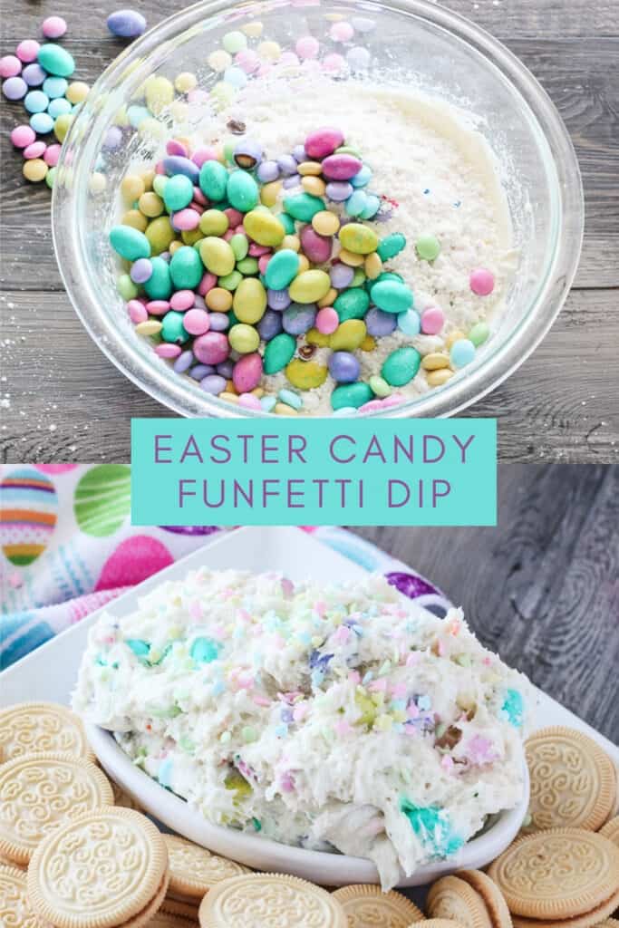 pastel M&Ms and Easter candy in a bowl of cake batter and bowl of Easter cookie dip