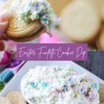 golden oreon dipped in Easter candy funfetti dip