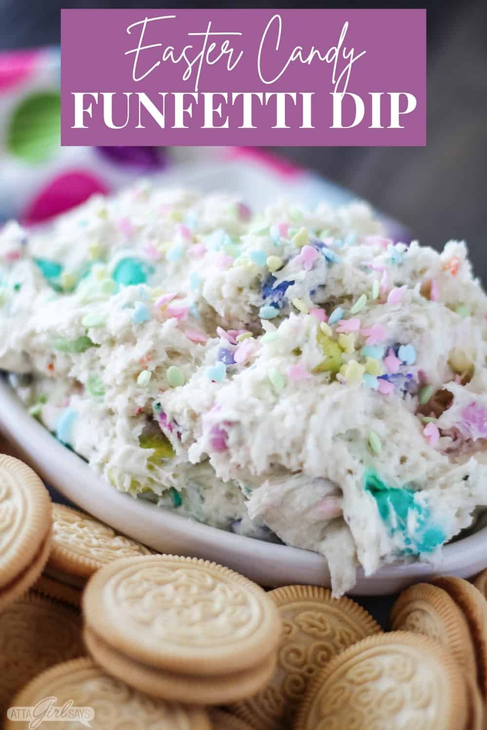 Easter candy dip with golden Oreo cookies