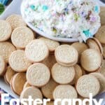 bowl of Easter candy cookie dip with Golden Oreo cookies