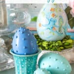 hobnail Easter eggs displayed with vintage McCoy pottery and a handpainted chinoiserie Easter egg