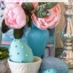 hobnail Easter eggs with blue opaline vase and McCoy pottery flower pot