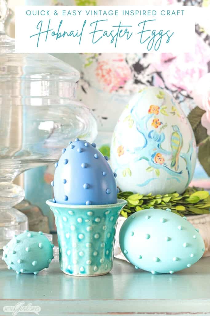 hobnail Easter eggs displayed with vintage McCoy pottery and a handpainted chinoiserie Easter egg