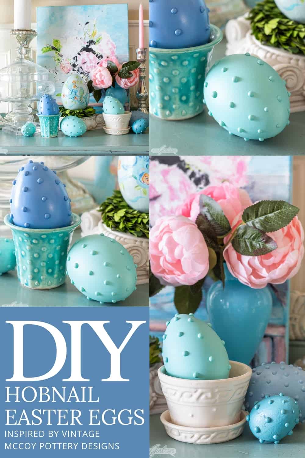 collage photos of pastel Easter eggs with vintage McCoy pottery