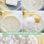 collage photo with step by step instructions for making JELL-O fluff pineapple dessert
