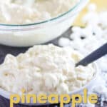 bowl of marshmallow pineapple JELL-O dessert beside a serving bowl