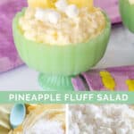 collage photo of Jello Fluff dessert in a green compote