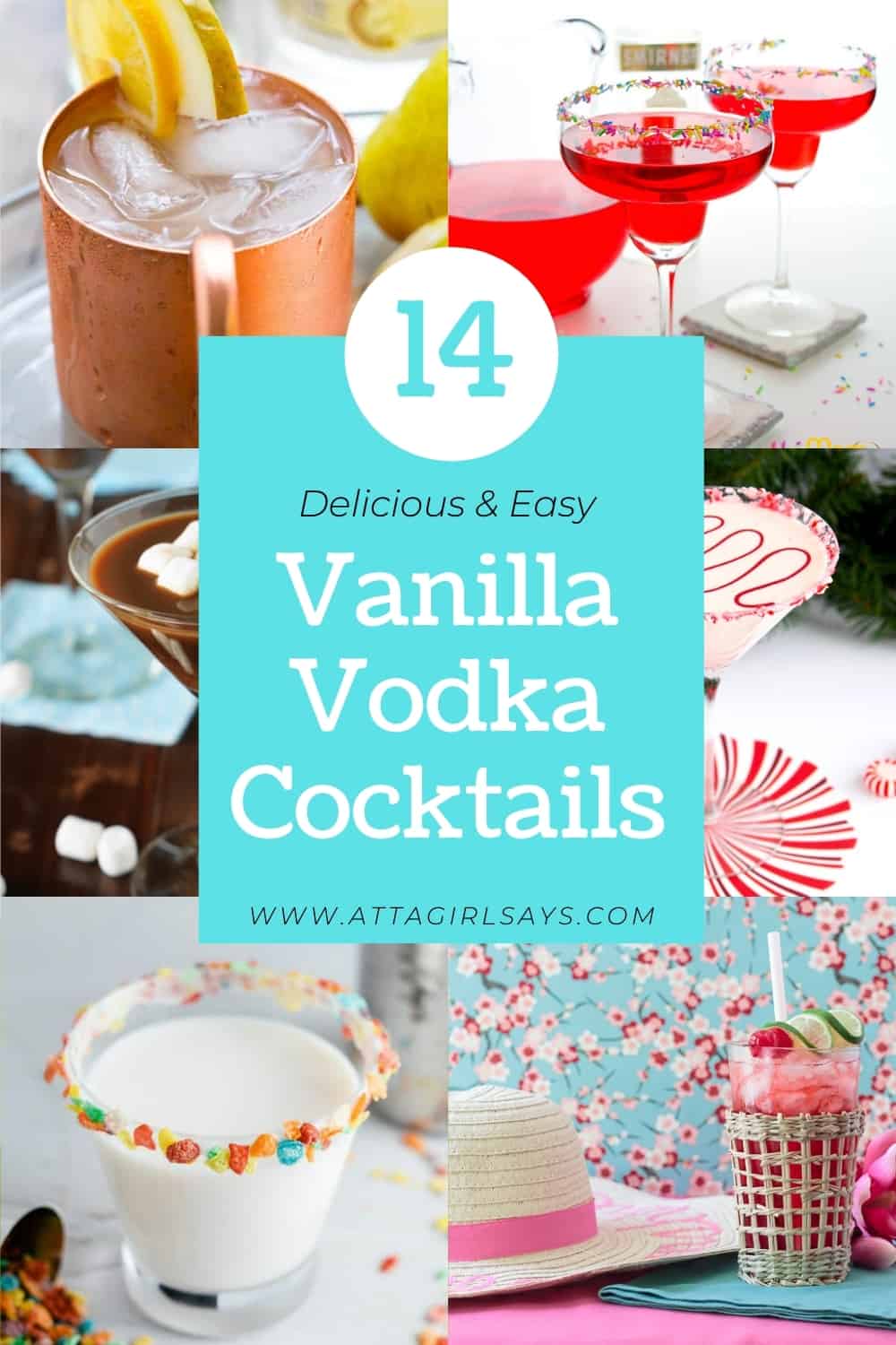 collage photo showing six different vanilla vodka recipes and cocktails