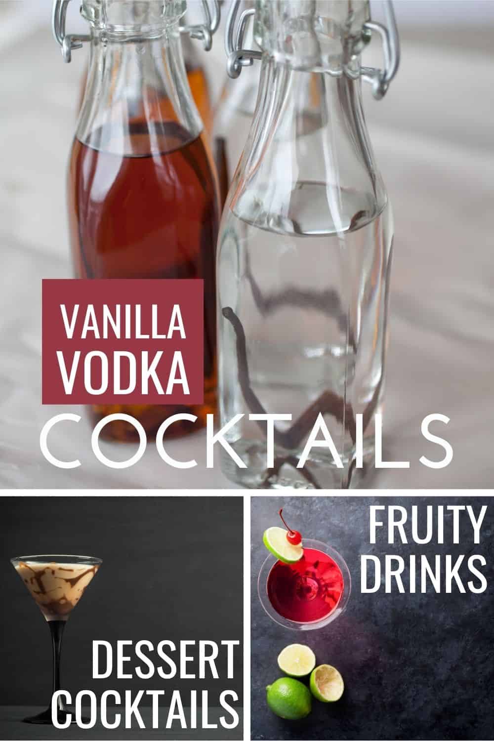 collage photo showing a bottle of vanilla infused vodka, a chocolate martini and a cosmopolitan cocktail