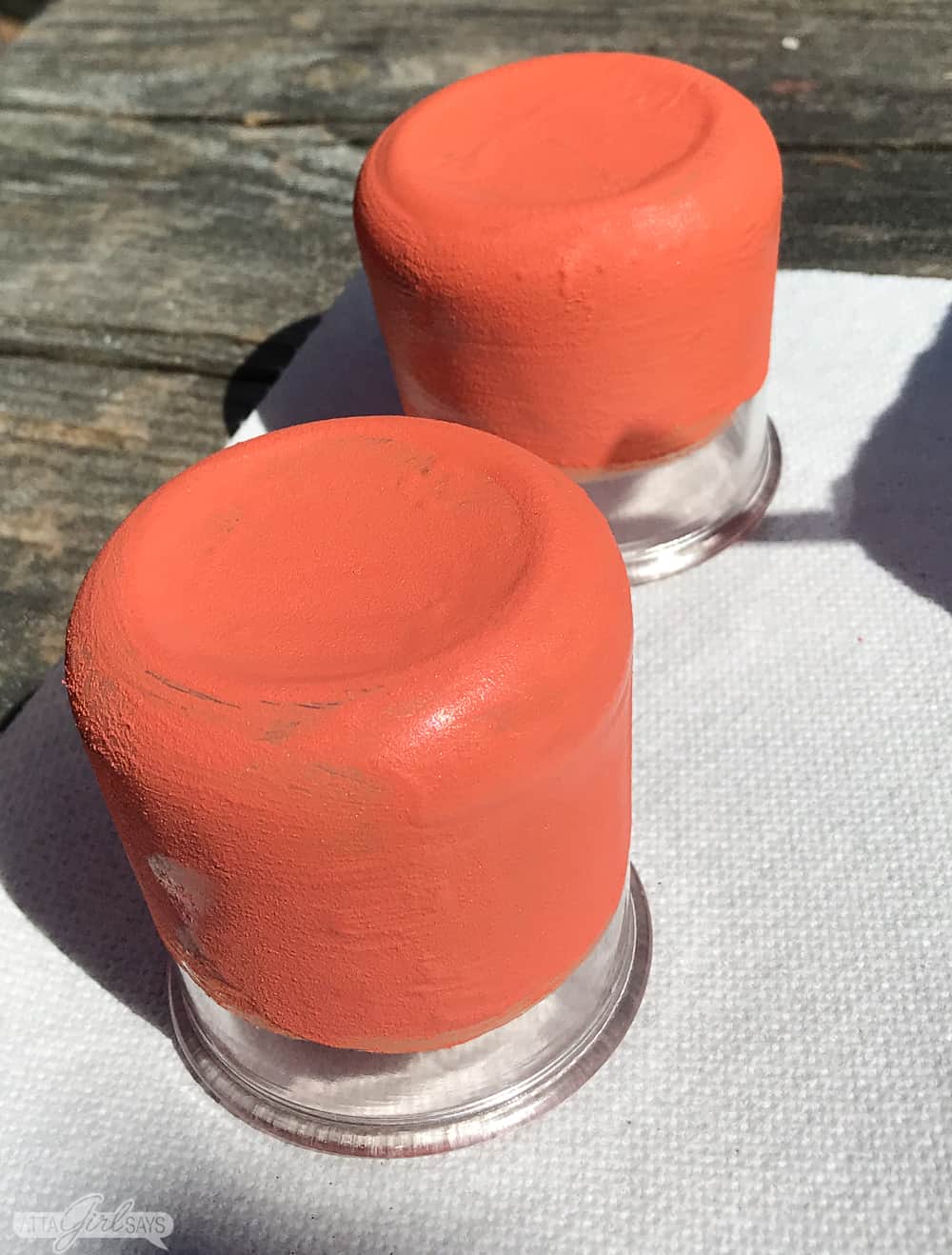 glass yogurt jars painted with terracotta paint to look like La Fermiere yogurt pots