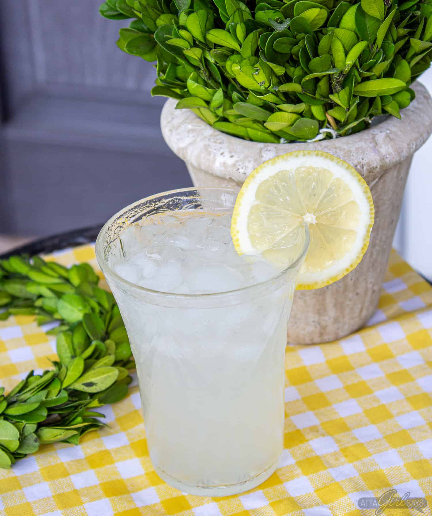 lemonade on a side table on a front porch