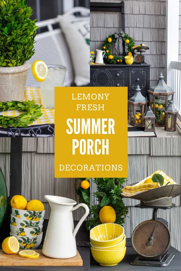 collage photo of a black and white front porch with lemon yellow and boxwood green accents and other summer porch decor