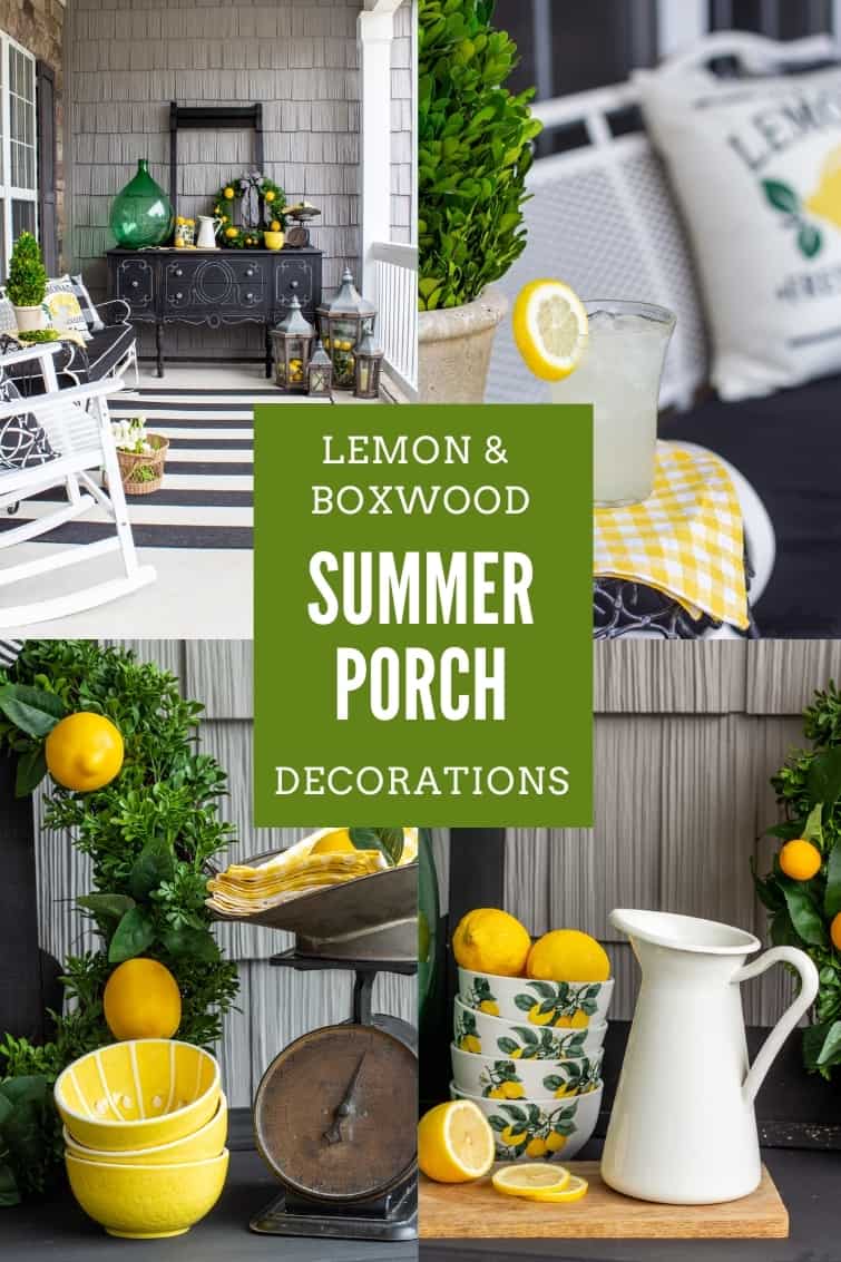 collage photo of a black and white front porch with lemon yellow and boxwood green accents