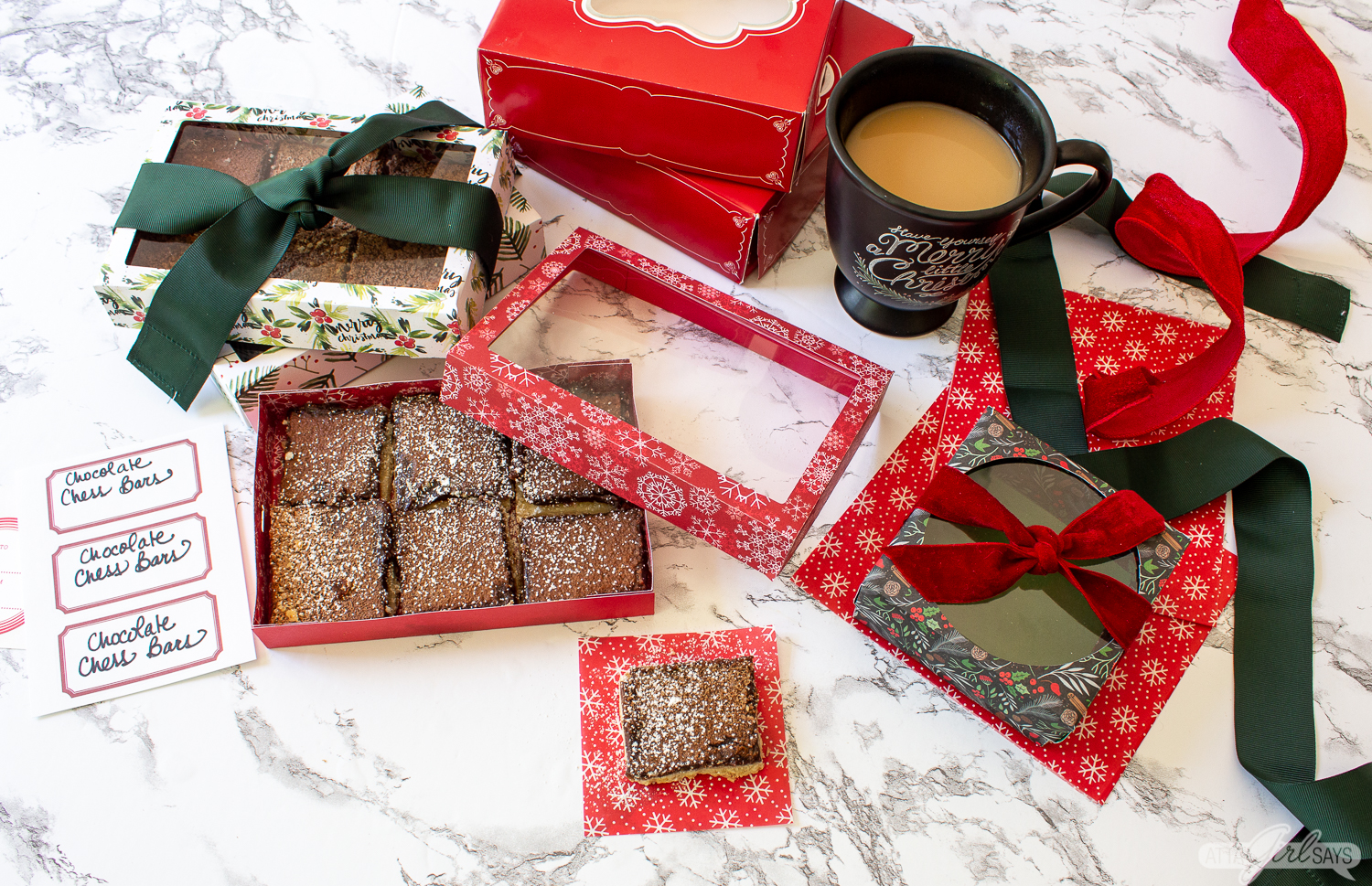bakery boxes filled with fudgy shortbread bars