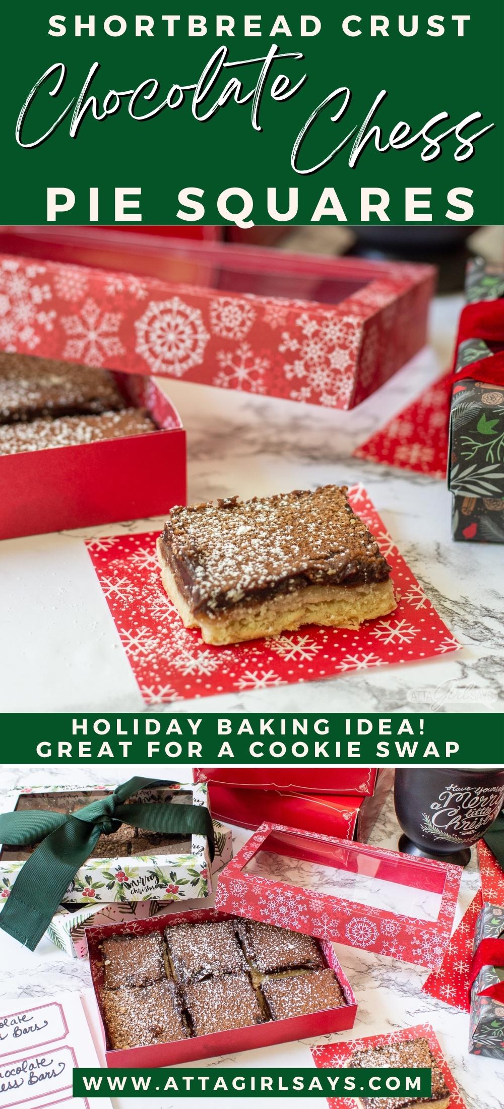 fudgy chocolate chess pie bars in bakery boxes