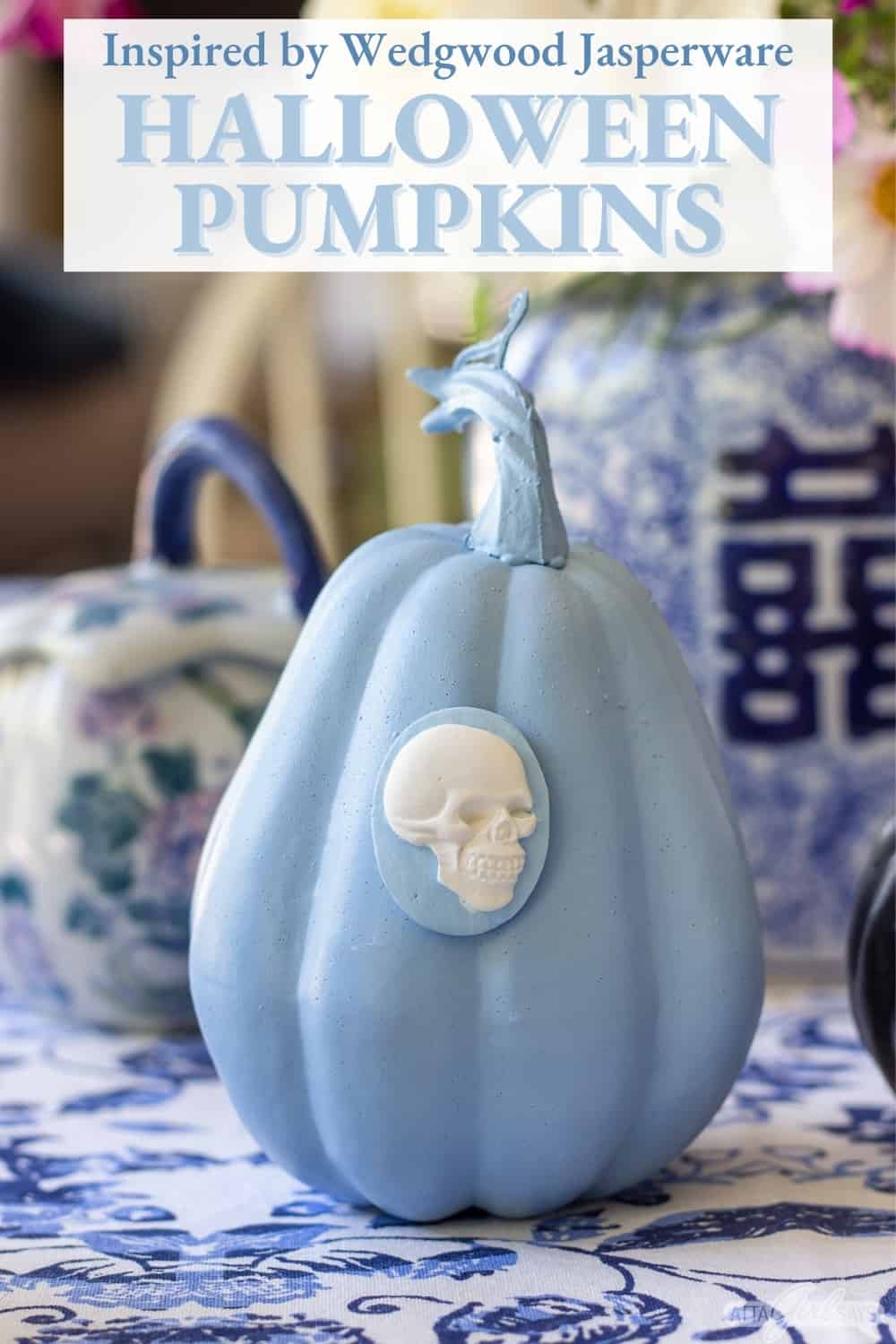 blue and white Wedgwood Jasperware style pumpkin with a skull cameo