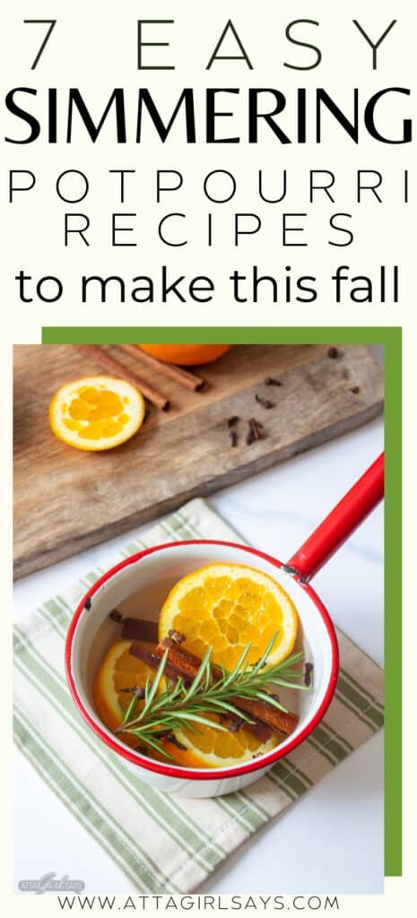 stovetop potpourri in an enamel pot with a text overlay